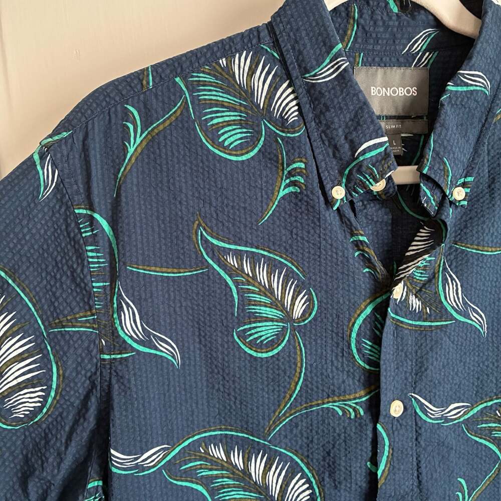 Bonobos Slim Fit Seersucker Tropical Leaf Print Button Down Shirt Size L